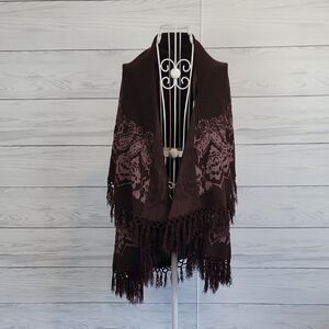 Open Front Poncho/shawl Knit Sweater With Long Fringe Womens M